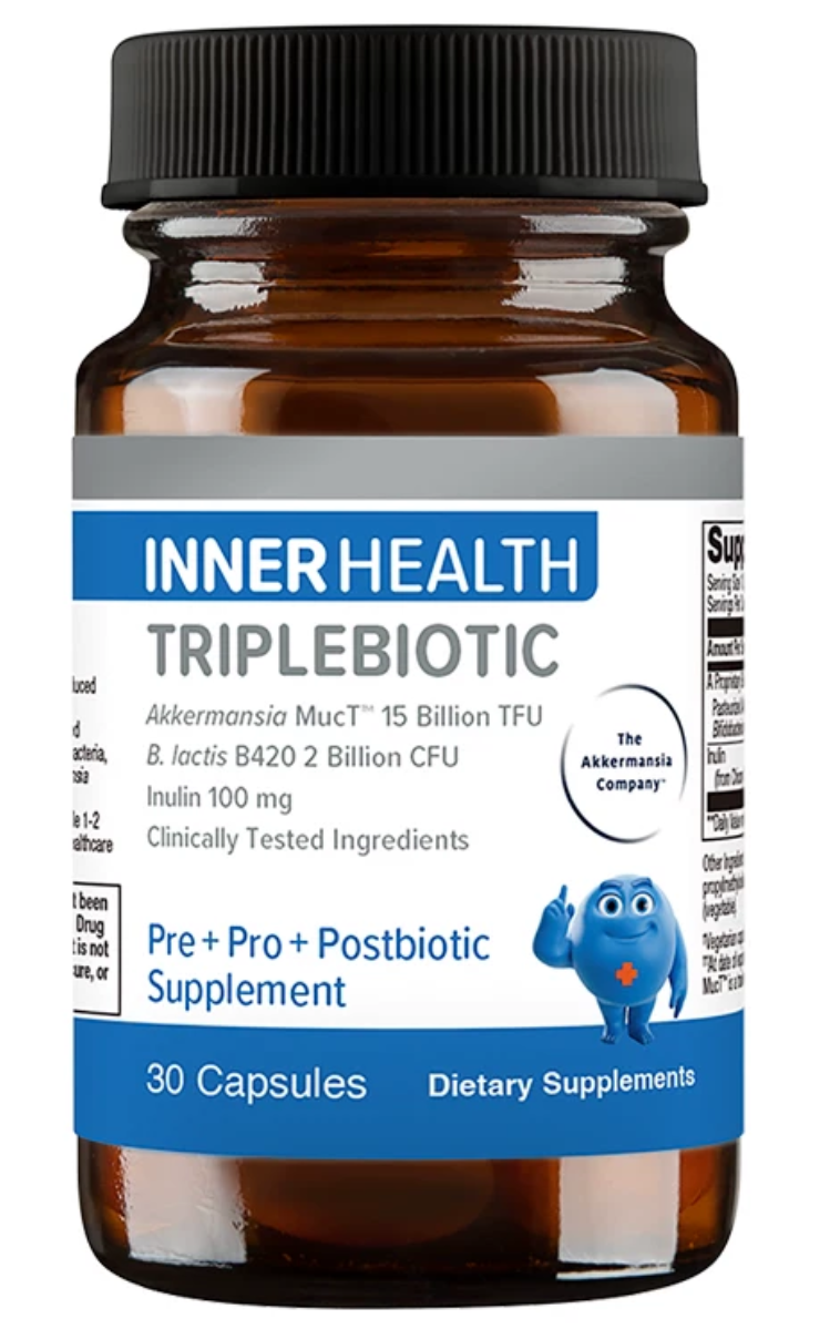 图片展示的是三生元Inner Health Triplebiotic益生菌产品。瓶身呈深棕色，瓶盖为黑色。