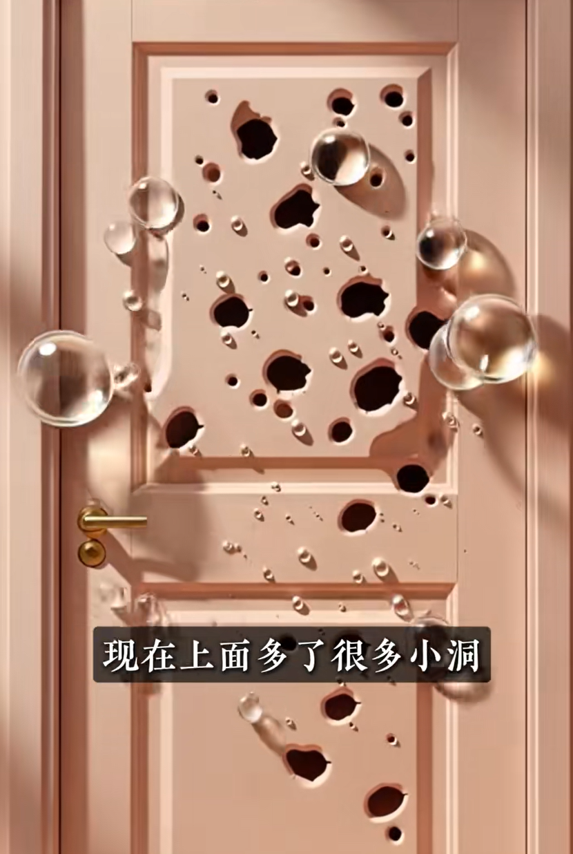 概念隐喻图：带有许多小洞的粉色门，直观比喻肠道屏障受损的“肠漏”现象