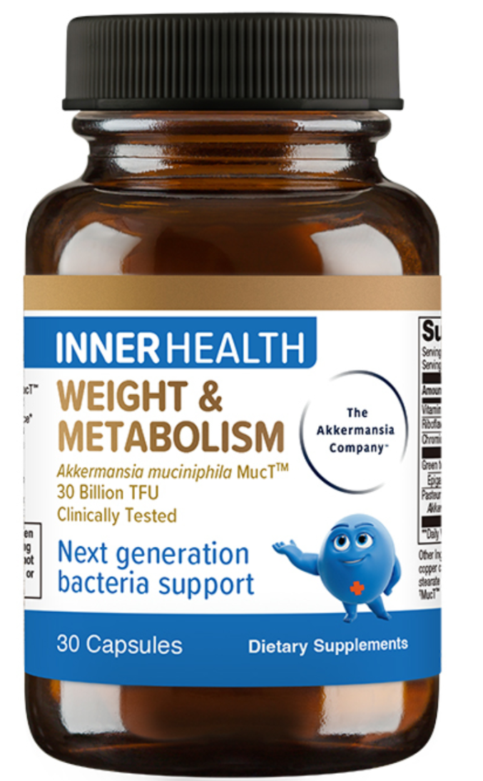 这是一款名为Inner Health的膳食补充剂产品瓶身图，属于Akkermansia品牌，针对体重与代谢相关需求，是含有嗜黏蛋白阿克曼氏菌Muc™菌株的下一代细菌支持类产品，经临床验证，其活菌含量标注为300亿TFU，瓶身标明共有30粒胶囊，契合文档中关于“下一代益生菌”产品需经菌株、工艺、含量多维度核验的相关内容，该产品的含量设置符合安全区间的要求，是相关产品示例的直观展示。