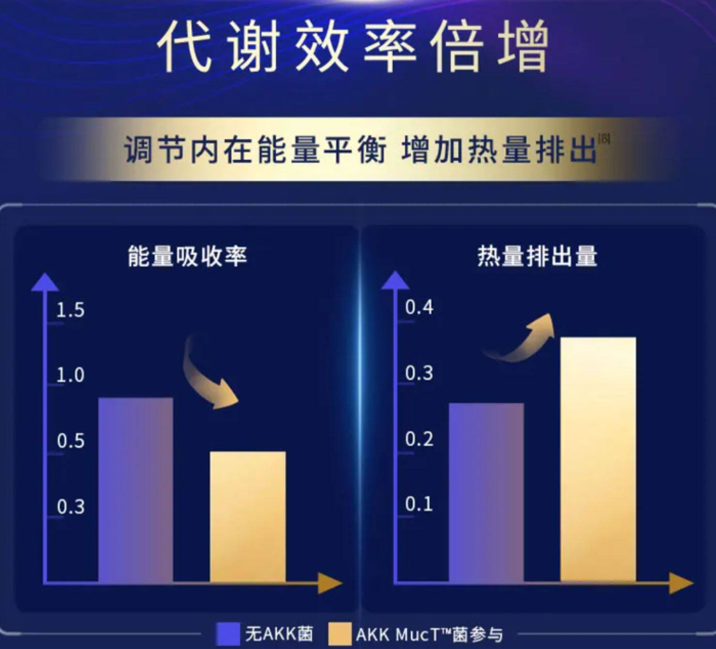 图片展示了补充AKK MucT菌后能量吸收率和热量排出量的变化。左侧柱状图显示能量吸收率，无AKK菌时为0.9，补充后降至0.4；右侧柱状图显示热量排出量，无AKK菌时为0.25，补充后升至0.35。图中还标注“代谢效率倍增”“调节内在能量平衡 增加热量排出”等文字。该图与上下文紧密相关，直观呈现了补充AKK MucT菌后能量代谢相关指标的变化情况。